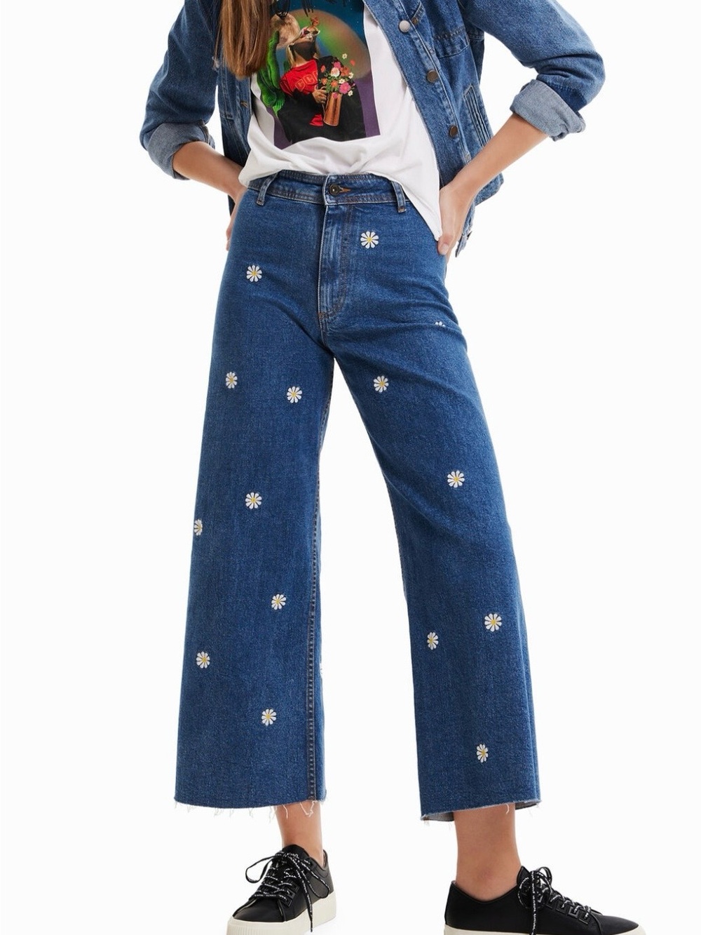Desigual Embroidered Daisy High Rise Wide Leg Cropped Jeans Medium Wash 36/26
